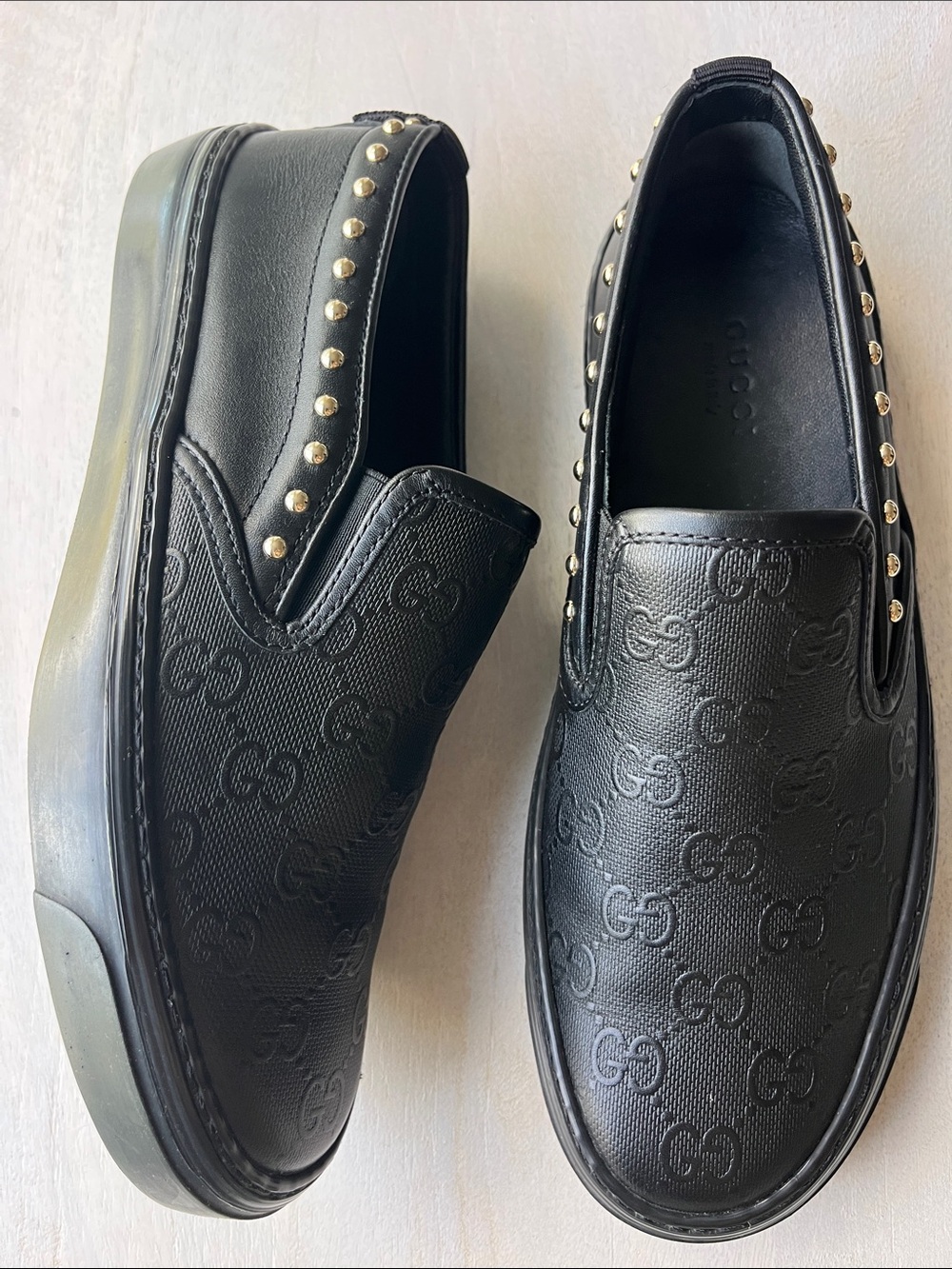 Gucci Black Embossed GG Leather Slip-On Loafers with Gold Studs,never worn.